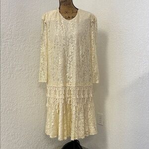 Vintage David Rose Chic Cream Lace Long Sleeve Dress Drop Waist